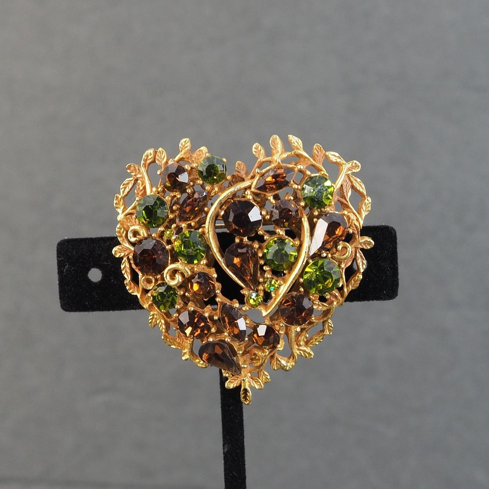 Coro Heart Brooch Pin Gold Tone Green Brown Rhinestone Filigree Statement VTG